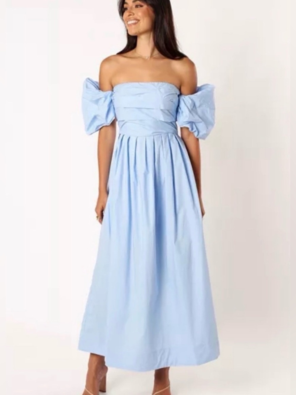 Petal Pup Light Blue Off The Shoulder Puff Sleeve Pleated Cotton Maxi Dress 6